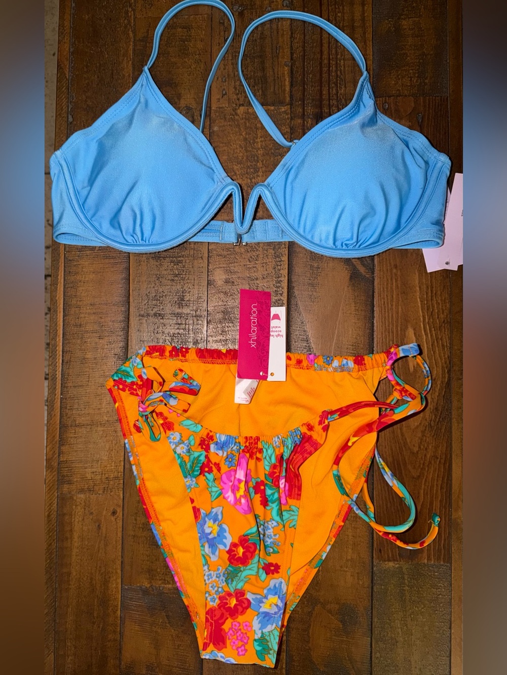 Two-Piece Swim Set - Light Blue Top & Orange Floral Bottom